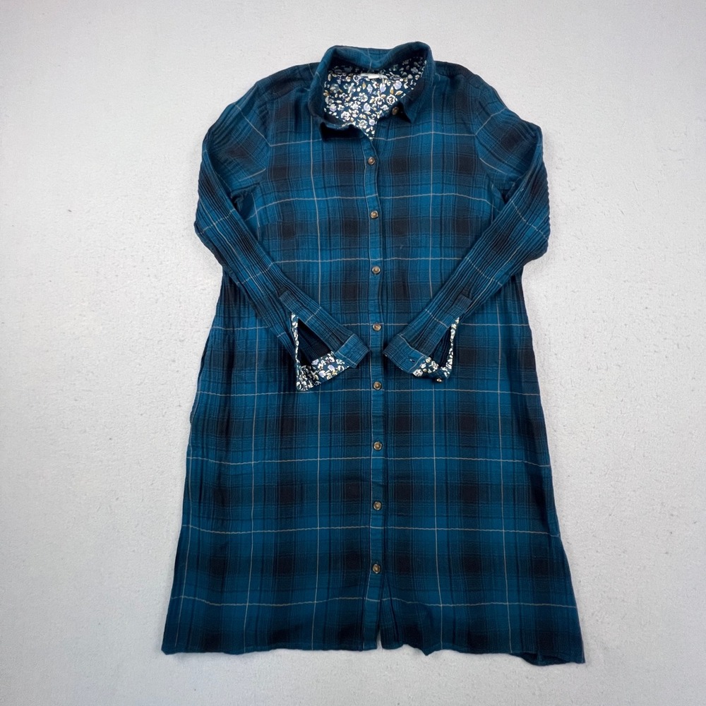 J. Jill Plaid Shirt Dress Womens XSP Teal Blue Cotton Floral Trim WDR255802